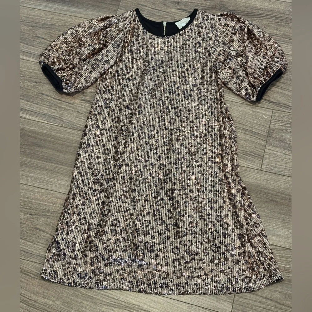 NWOT Hannah Banana Girls 14 Leopard Sequin Puff Sleeve Dress